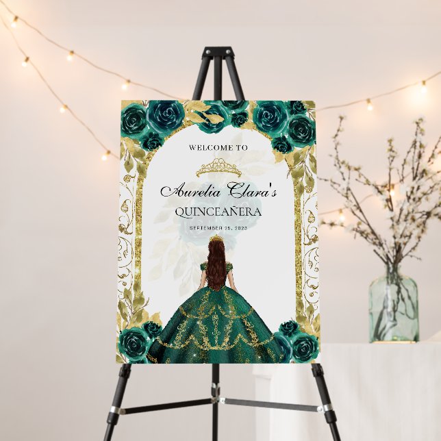 Emerald Green Princess Floral Quinceañera Birthday Foam Board (In Situ (Stand))