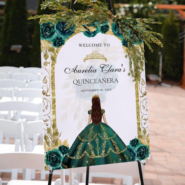 Emerald Green Princess Floral Quinceañera Birthday Poster (Creator Uploaded)