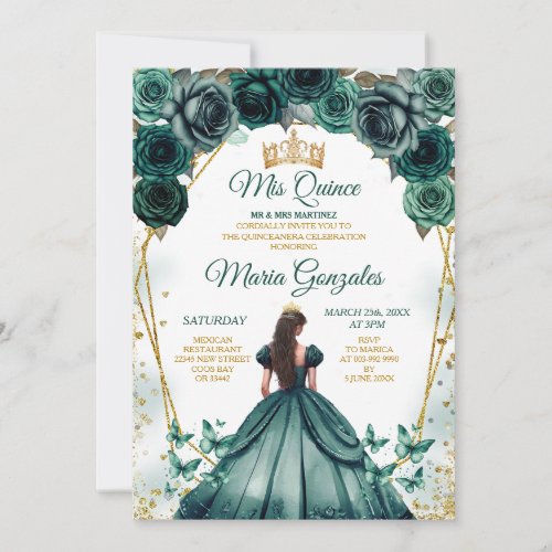 Emerald Green Princess Quinceaera Crown Floral Invitation