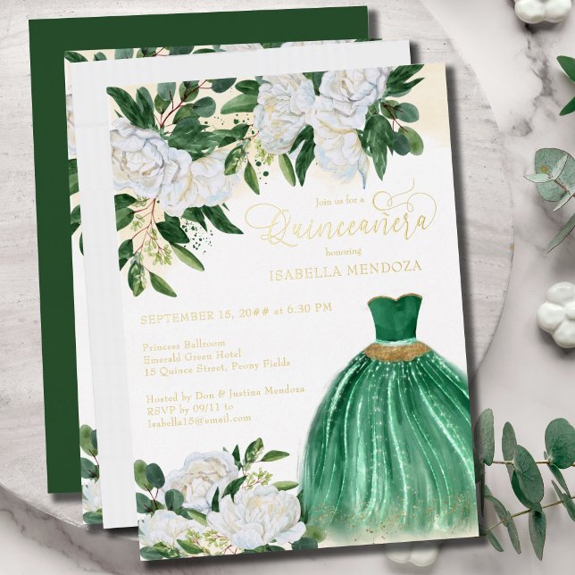 Emerald Green Princess Quinceanera Gold Foil Invitation