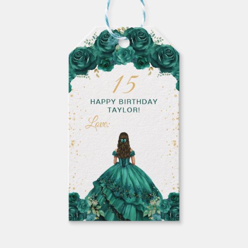 Emerald Green Princess Quinceaera Happy Birthday Gift Tags