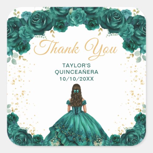 Emerald Green Princess Quinceaera Thank You Square Sticker