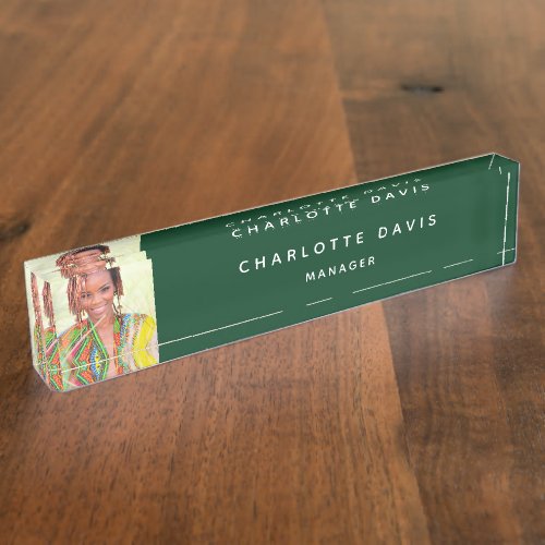 Emerald green profile photo name title business desk name plate