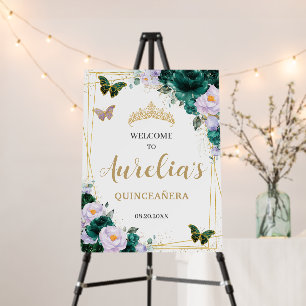 Emerald Green Purple Floral Quinceañera Welcome Foam Board