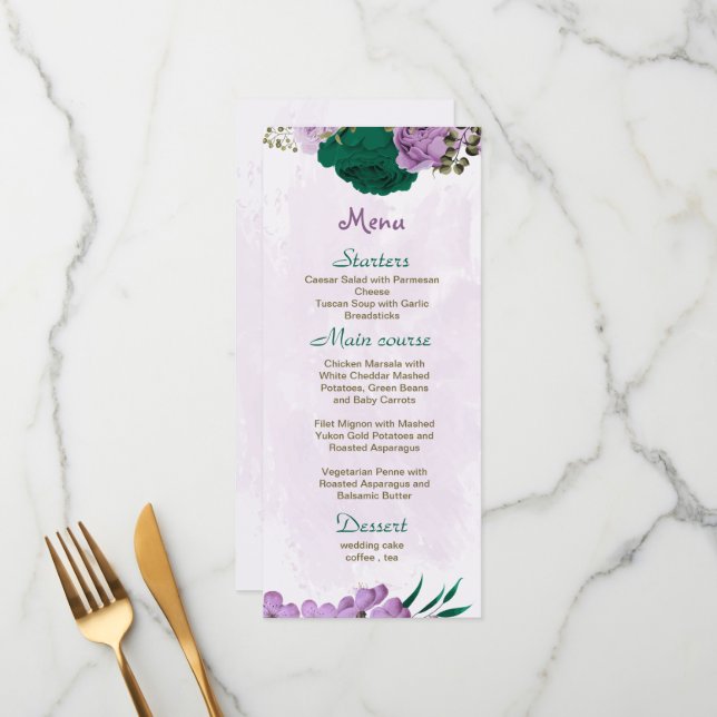 emerald green purple flowers botanical wedding menu (Front/Back In Situ)