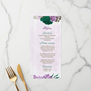 emerald green purple flowers botanical wedding menu