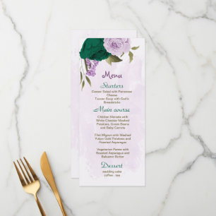 emerald green purple flowers botanical wedding menu