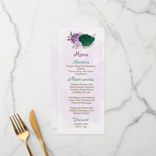 emerald green purple flowers botanical wedding menu