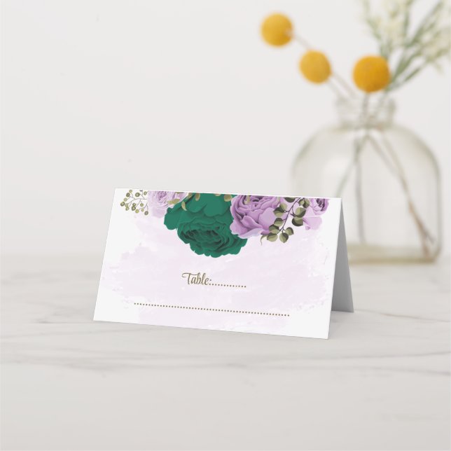 emerald green purple flowers botanical wedding place card (Front)