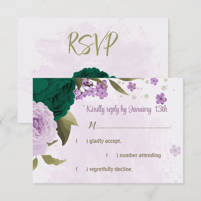 emerald green purple flowers botanical wedding RSVP card (Front/Back)