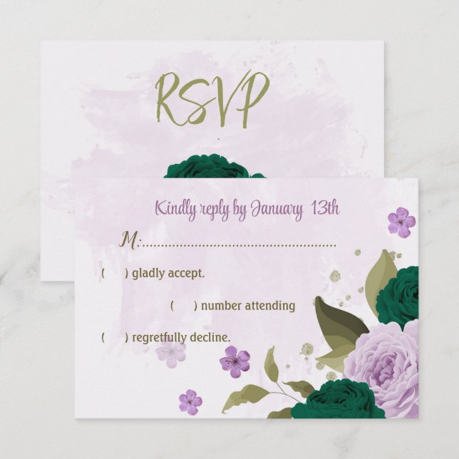 emerald green purple flowers botanical wedding RSVP card (Front/Back)
