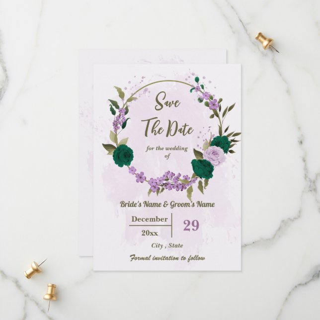 emerald green purple flowers botanical wedding save the date (Front/Back In Situ)