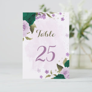 emerald green purple flowers table number card