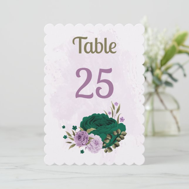 emerald green purple flowers table number card (Standing Front)