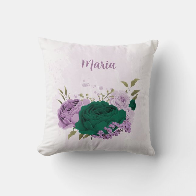 emerald green purple flowers throw pillow (Front)