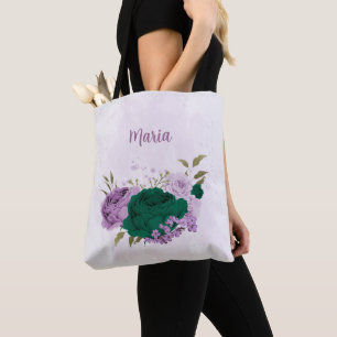 emerald green purple flowers tote bag