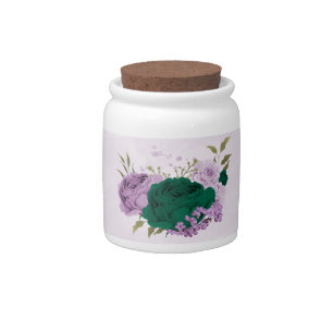 emerald green purple flowers wedding candy jar