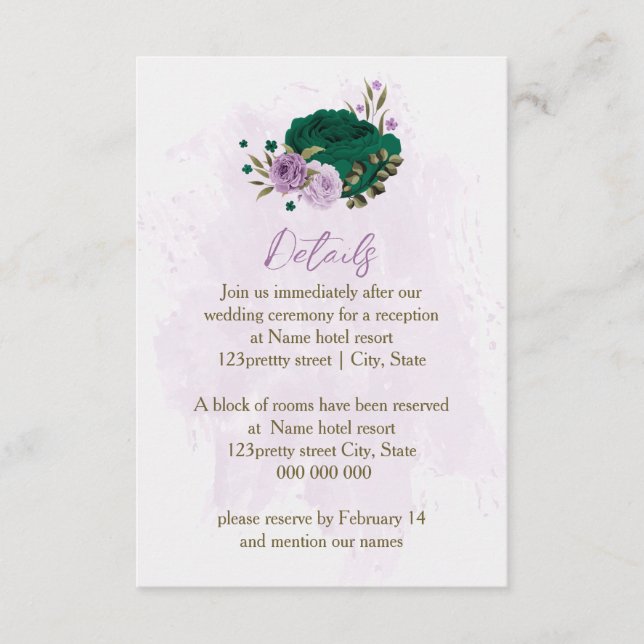 emerald green purple flowers wedding details enclosure card (Front)