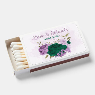 emerald green purple flowers wedding matchboxes