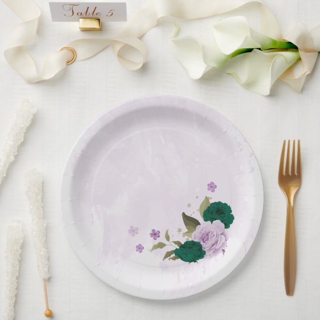 emerald green purple flowers wedding paper plates (Wedding)