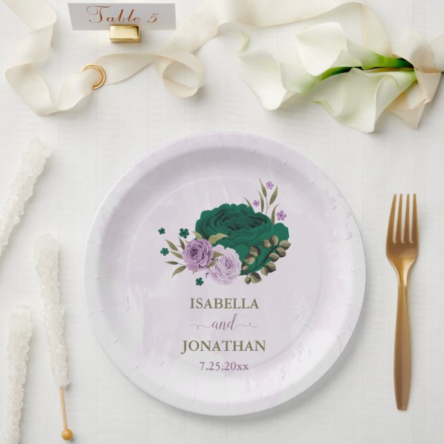 emerald green purple flowers wedding paper plates (Wedding)