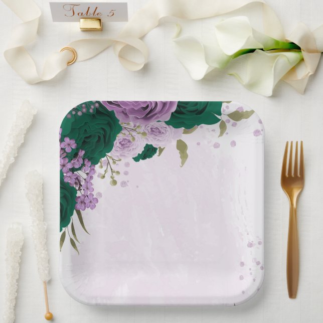 emerald green purple flowers wedding paper plates (Wedding)