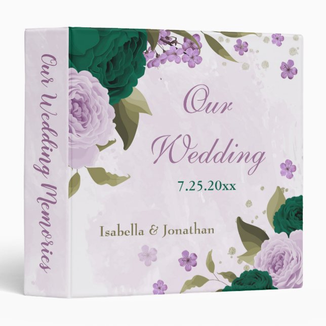 emerald green purple flowers wedding photo album 3 ring binder (Front/Spine)