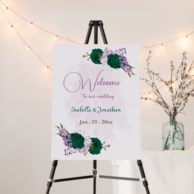  emerald green purple flowers wedding welcome sign (In Situ (Stand))