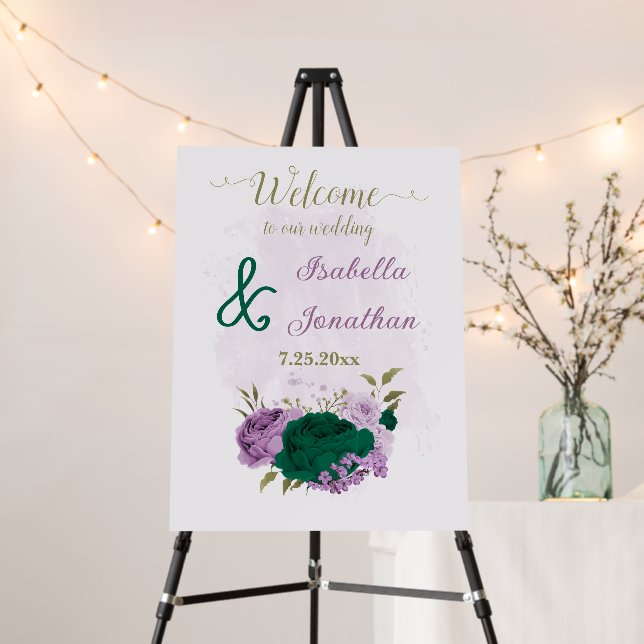  emerald green purple flowers wedding welcome sign (In Situ (Stand))