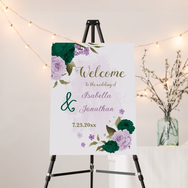  emerald green purple flowers wedding welcome sign (In Situ (Stand))