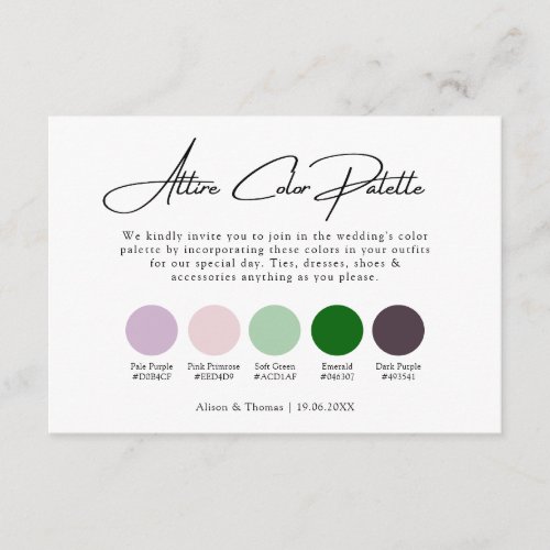 Emerald Green Purple Wedding Attire Color Palette Enclosure Card