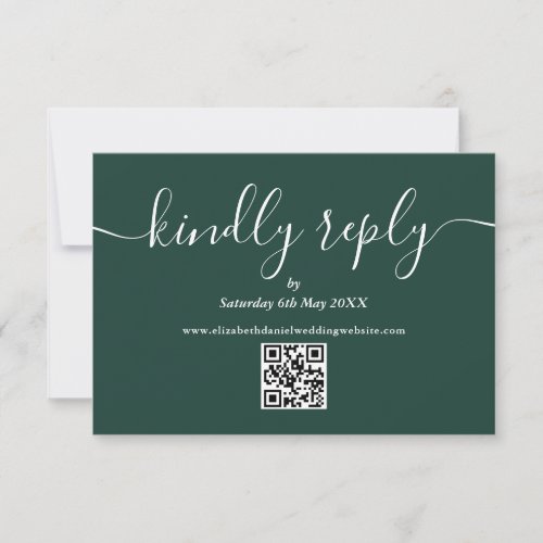 Emerald Green QR Code Elegant Script Kindly Reply RSVP Card