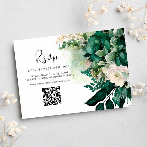 Emerald Green QR Code Floral Botanical Wedding RSVP Card