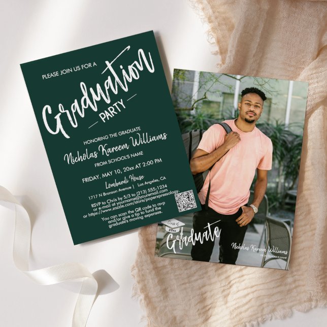 Emerald Green QR Code Photo Graduation Party Invitation (Creator Uploaded)