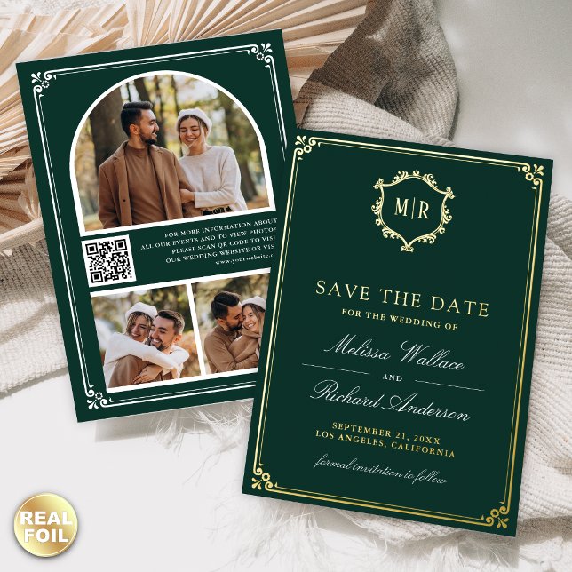 Emerald Green QR Code Photo Wedding Save the Date Foil Invitation (Creator Uploaded)