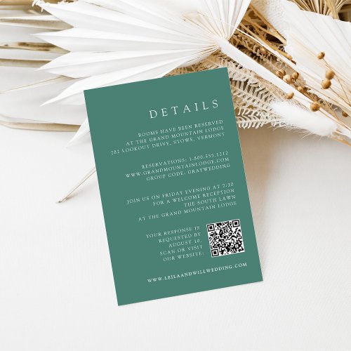 Emerald Green QR Code RSVP  Wedding Details Enclosure Card