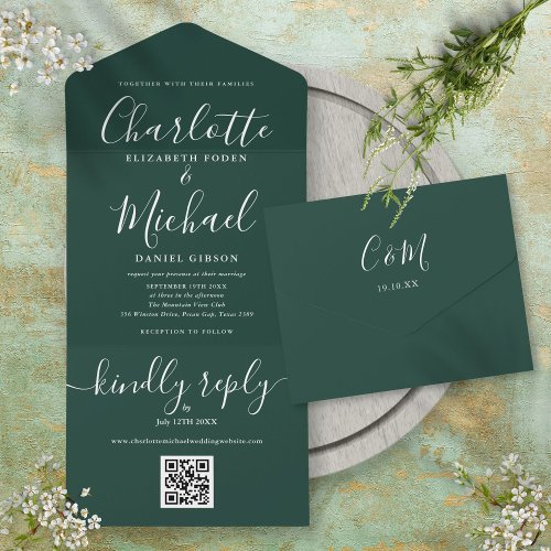 Emerald Green QR Code Script Minimalist Wedding All In One Invitation