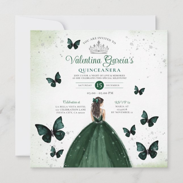 Emerald Green Quinceañera 15 Anos Flowers Silver Invitation (Front)