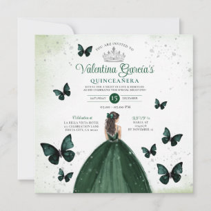 Emerald Green Quinceañera 15 Anos Flowers Silver Invitation