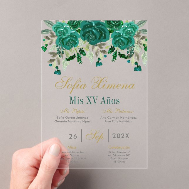Emerald Green Quinceanera Acrylic Invitations (Insitu (Handheld))