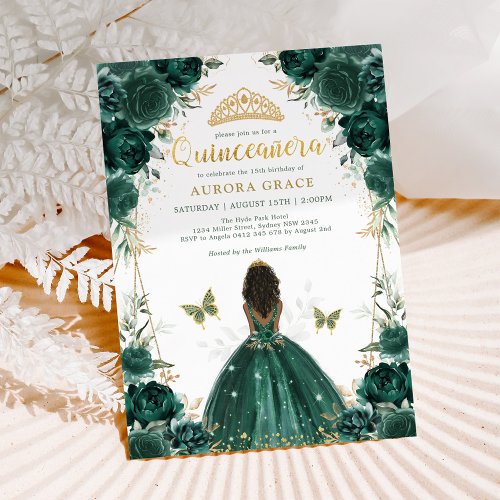 Emerald Green Quinceaera Brown Skin Princess Invitation