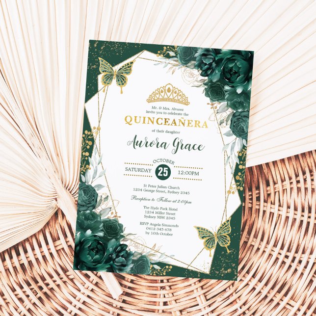 Emerald Green Quinceañera Butterflies Mis Quince Invitation (Creator Uploaded)