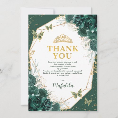 Emerald Green Quinceanera Butterfly Thank You Card