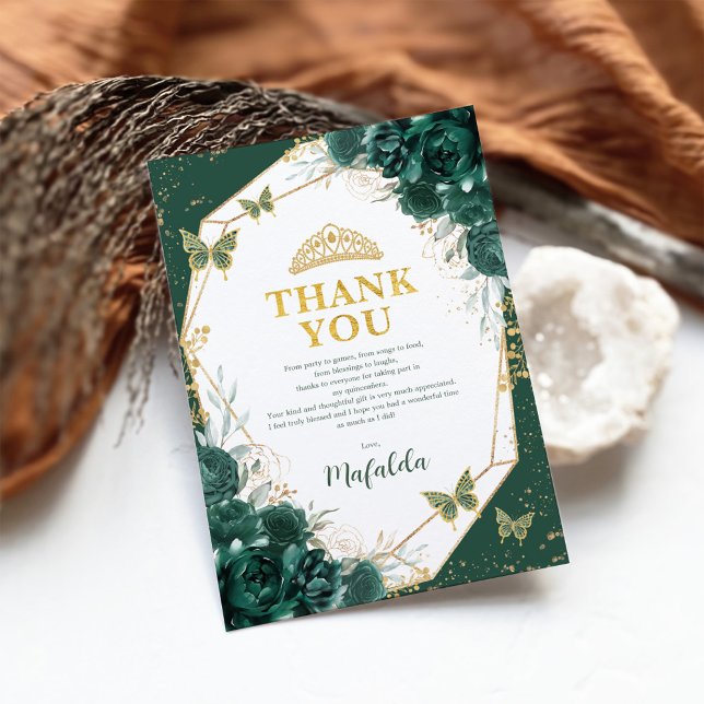 Emerald Green Quinceanera Butterfly Thank You Card (Creator Uploaded)