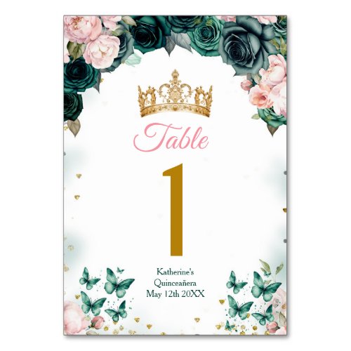 Emerald Green Quinceaera Crown Pink Floral Table Number