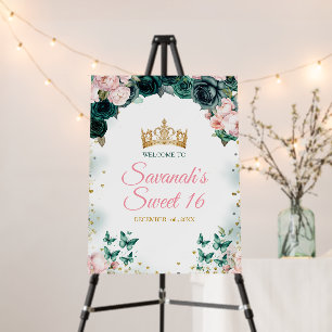 Emerald Green Quinceañera Crown Pink Welcome Sign