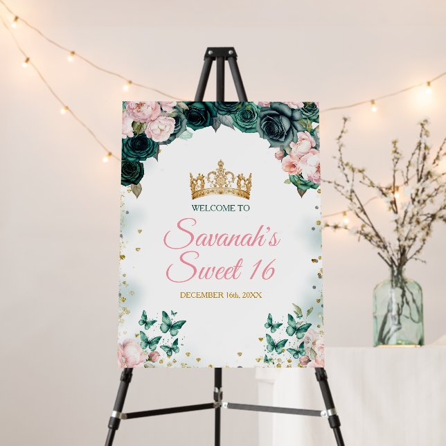Emerald Green Quinceañera Crown Pink Welcome Sign (In Situ (Stand))