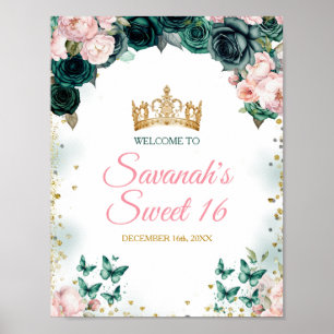 Emerald Green Quinceañera Crown Pink Welcome Sign