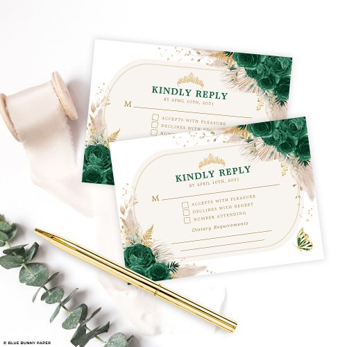 Emerald Green Quinceanera Crown Princess RSVP  Enclosure Card