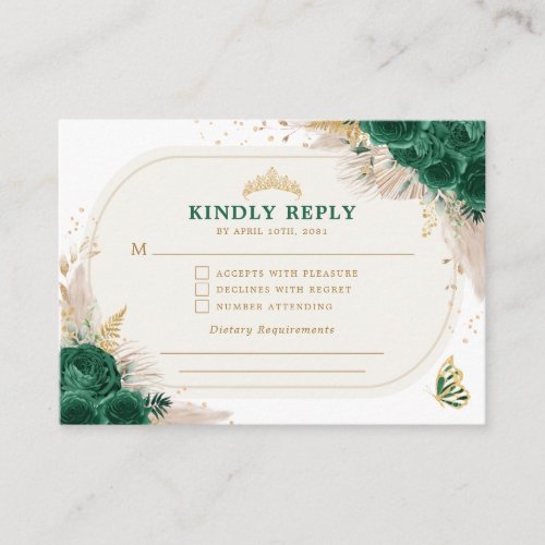Emerald Green Quinceanera Crown Princess RSVP  Enclosure Card
